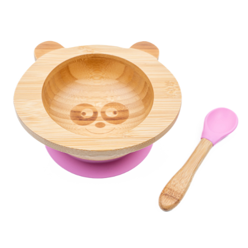 Cap Bambou -- Set de repas bebe bambou + silicone rose (bol + cuillère)