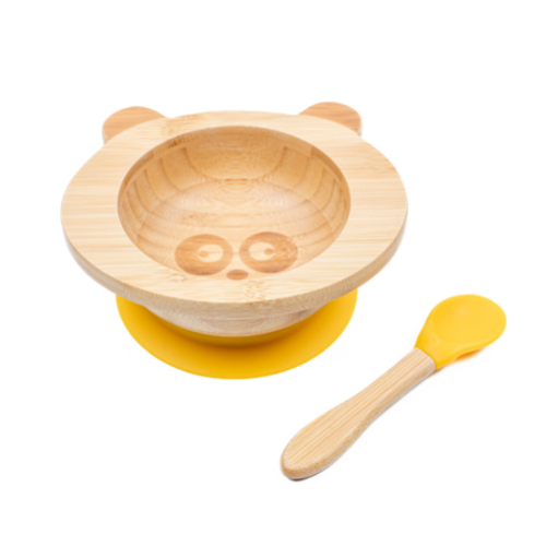 Cap Bambou -- Set de repas bébé bambou + silicone jaune (bol + cuillère)