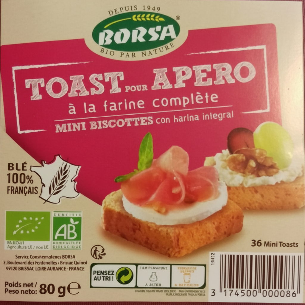 36 mini toasts pour apéro a la farine complète 80g