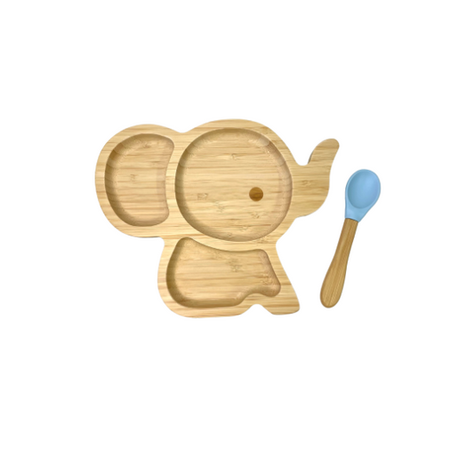 Cap Bambou -- Set de repas bébé éléphant bleu pastel (assiette + cuillère)