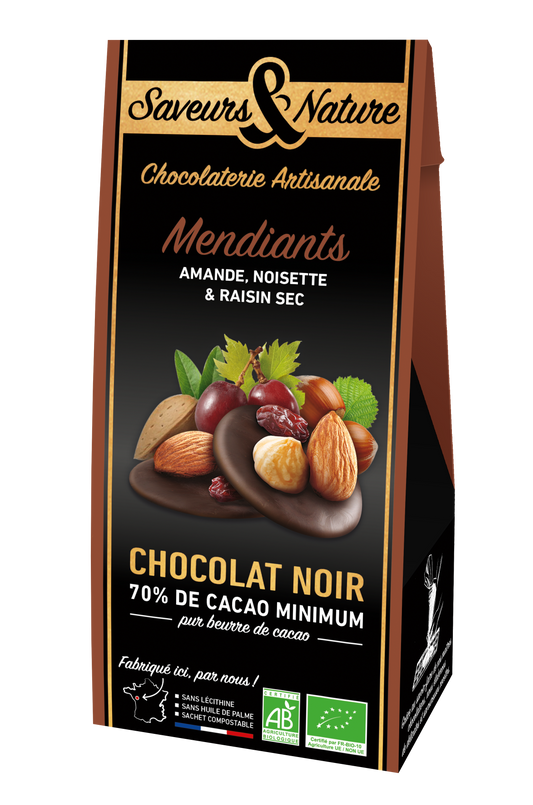 Saveurs & Nature -- Mendiants de chocolat noir bio (amande, noisette, raisin sec) - 125 g