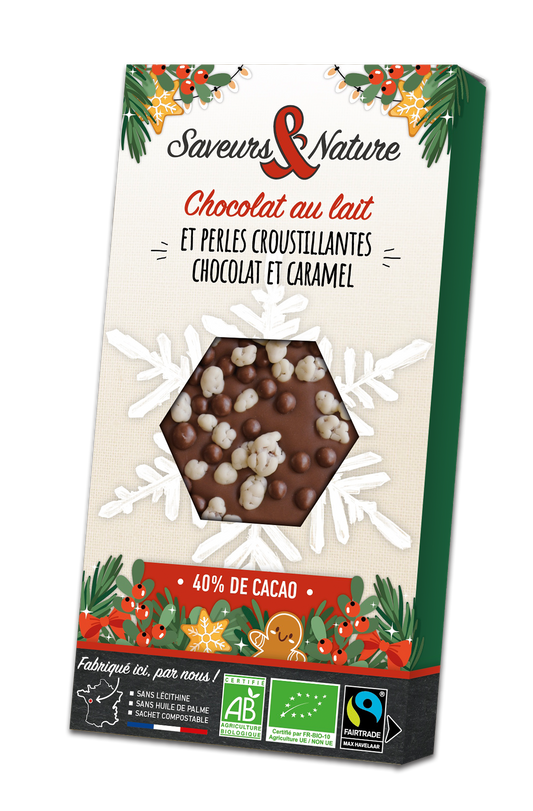 Saveurs & Nature -- Tablette flocon chocolat au lait et perles croustillantes chocolat et caramel bio - 70 g